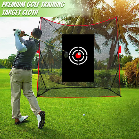 Golfer practicing with Golf Target Hitting Cloth For Backyard Practice, 5 By 4 Feet, Black, Portable And Foldable setup on grass