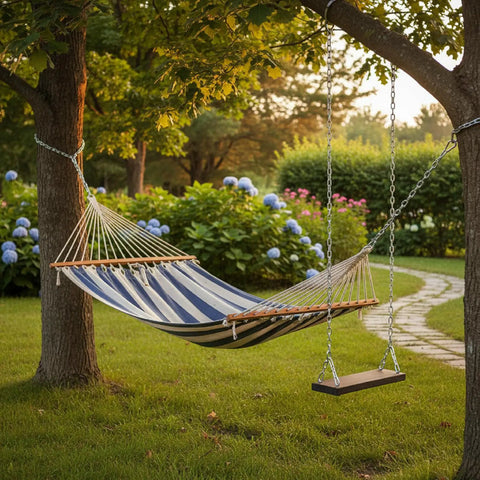Hammock hung with 4 Pack 20 Inch Stainless Steel Swing Chains With Carabiners And Spring Snap Links in outdoor garden setting.