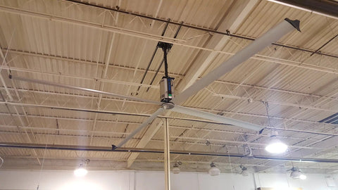 Heavy Duty Twenty Foot Industrial Ceiling Fan Using High Volume Low Speed Technology mounted in a warehouse ceiling.