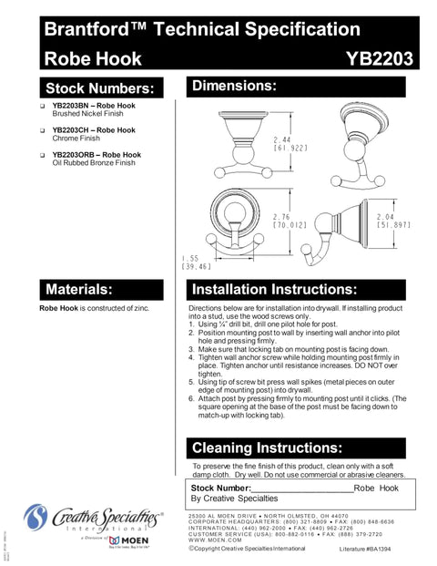 Brantford Traditional Double Robe Or Towel Hook In Brushed Nickel For Kitchen Or Bathroom Easy Install Coordinating Finish Classic Wall Mount Hook specifications sheet showing dimensions, materials, and installation instructions.