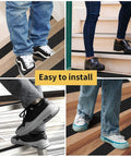 Collage of Heavy Duty Anti Slip Grip Tape With 80 Grit For Indoor Outdoor Stairs in use on various surfaces with shoes.