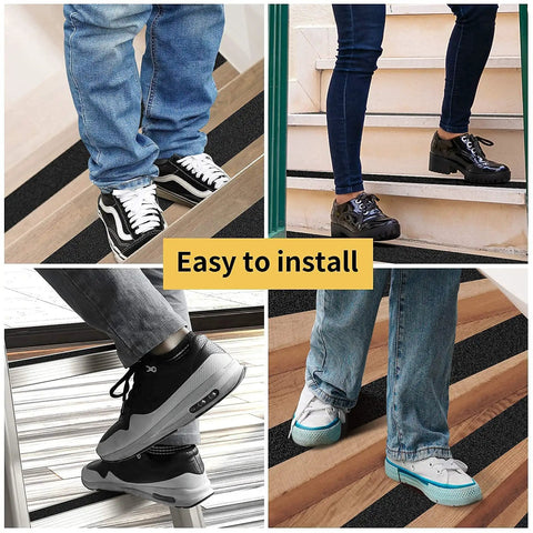 Collage of Heavy Duty Anti Slip Grip Tape With 80 Grit For Indoor Outdoor Stairs in use on various surfaces with shoes.