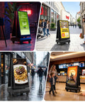Street Smart 43 Inch Outdoor Double Sided Digital Signage showcases promotional ads in various urban settings.