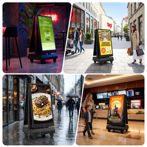 Street Smart 43 Inch Outdoor Double Sided Digital Signage showcases promotional ads in various urban settings.