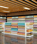 Badass Heavy Duty Seven Layer Gondola Shelving Rack For Neighborhood Convenience Stores And Groceries Rock Solid Gray Metal Display Stand Organize Stockpile Items with stocked shelves.