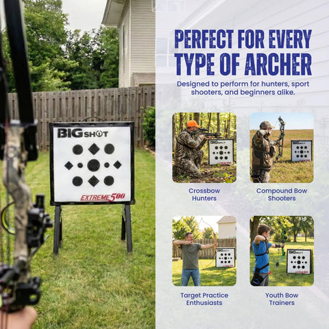 Iron Man Xtreme 500 FPS Archery Target for Crossbow, Compound Bow, and Airbow Practice Outdoors in a backyard setting.