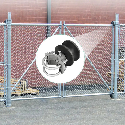 Rugged Nylon Cantilever Gate Roller Set For 2-3/8 Inch Gate Frames And 4 Inch Posts Sliding Fence Rollers For Chain Link Gates Cantilever Rail Gate Kit Pack Of 4 Built To Last shown installed on chain link gate