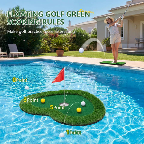 Floating Golf Green 35x28 For Pool And Lake Realistic Putting Green Mat With Included Balls, shown in backyard pool setting