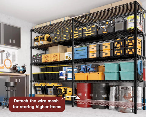 72 Inch Wide Wire Shelving Rack, Heavy Duty 1750 Lbs Capacity, 16 Inch Deep, 76 Inch High, L Shaped Storage Shelves For Garage, Warehouse, Pantry, Basement Organization, black wire shelves in garage