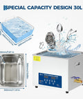Image of Heavy Duty 30L Commercial Ultrasonic Cleaner With Built In Heater Digital 40kHz Timer And 304 Stainless Steel, showing capacity and items being cleaned.
