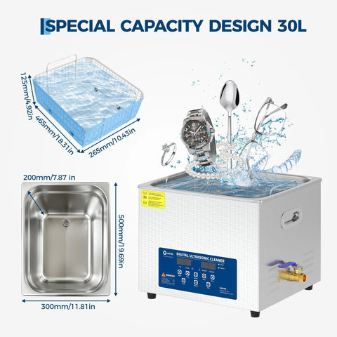 Image of Heavy Duty 30L Commercial Ultrasonic Cleaner With Built In Heater Digital 40kHz Timer And 304 Stainless Steel, showing capacity and items being cleaned.