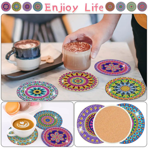 Hand placing cup on colorful diamond painting coasters from Diamond Painting Coasters Kit With Holder And Accessories, 8 Mandala Coasters For Beginners And Kids, DIY Art Craft Project, Easy Setup, Colorful Diamonds, Cork Bases, Glue, Pen, Tray Included