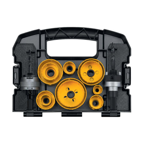 Door Lock Hole Saw Kit Pro Grade Heavy Duty For DIY And Pros with yellow saws, C clamp, and tools in black case