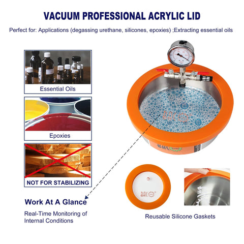 1-gallon stainless steel vacuum degassing chamber with orange lid, gauge, and silicone gasket for resin and epoxy