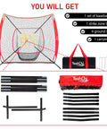 7 By 7 Foot Baseball And Softball Practice Net With Stable Bow Frame And Heavy Duty Mesh Strike Zone Target Ultra Portable Pitching Net For All Ages And Skill Levels, includes accessories and carrying bag.