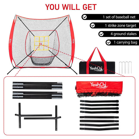 7 By 7 Foot Baseball And Softball Practice Net With Stable Bow Frame And Heavy Duty Mesh Strike Zone Target Ultra Portable Pitching Net For All Ages And Skill Levels, includes accessories and carrying bag.