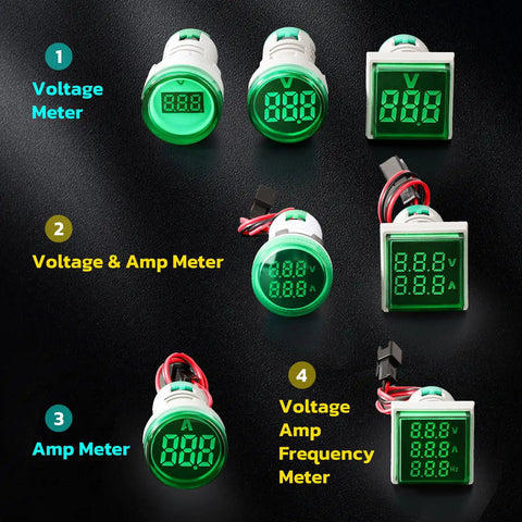 Various types of digital voltmeters and amp meters, including a green display, for AC Voltage Display Three Pack Digital LED Voltmeter Panel.