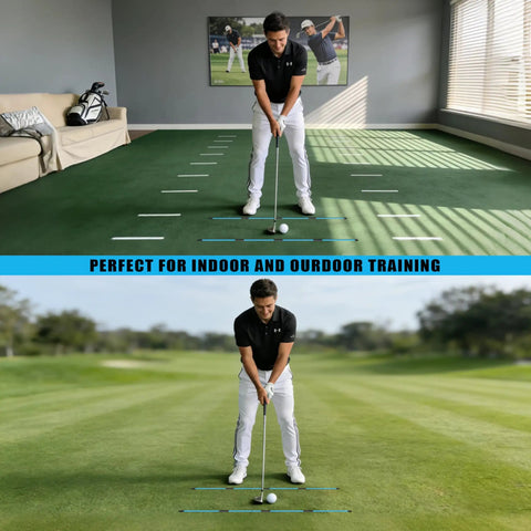 Golfer using Foldable 40 Inch Golf Alignment Sticks 4 Pack Dope Drill Set for Posture Correction indoors and outdoors
