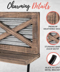 Rustic Farmhouse Toilet Paper Holder With Shelf For Wipes Wall Mounted Brown Wood With Weathered Wood And Galvanized Metal detailing