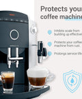 Front view of a silver and black espresso machine with a side water filter; EcoAqua replacement filter for Jura Capresso