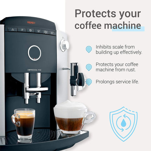 Front view of a silver and black espresso machine with a side water filter; EcoAqua replacement filter for Jura Capresso