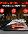 Insulated BBQ Blanket Bag For Resting Meats Like Brisket, Pork, And Turkey, showing premium DuPont fabric with grill background.