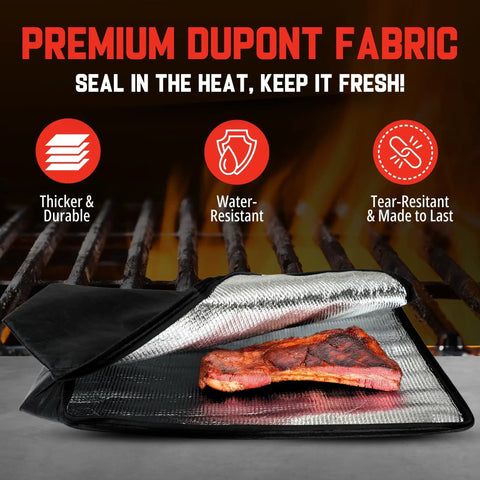 Insulated BBQ Blanket Bag For Resting Meats Like Brisket, Pork, And Turkey, showing premium DuPont fabric with grill background.
