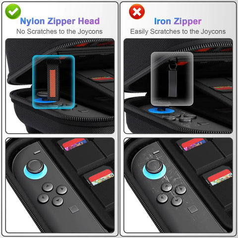 Comparison of nylon and iron zippers on Switch 2 Carrying Case With 24 Game Cartridges Protective Hard Shell Travel Pouch