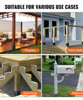 Hella Durable Heavy Duty Post Brackets 4 Pack Matte Black Wood Column Base Connectors For Deck Railing And Pavilion Support shown in various outdoor settings.