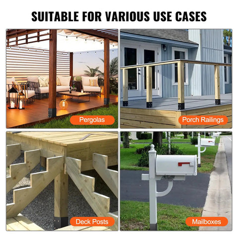 Hella Durable Heavy Duty Post Brackets 4 Pack Matte Black Wood Column Base Connectors For Deck Railing And Pavilion Support shown in various outdoor settings.