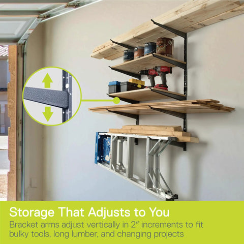 Heavy Duty Wall Mounted Storage Rack With Adjustable Arms Five Tier Steel Garage Shelving Unit Holds Up To Eight Hundred Pounds Space Saving Wood And Tool Organizer for garage with tools and lumber