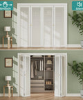 Complete 48 Inch Bifold Door Hardware Kit With Heavy Gauge Track And Quality Pivot Rollers For No Sweat Closet Fix and smooth bi folding slide every time, displaying open and closed doors in a modern room.