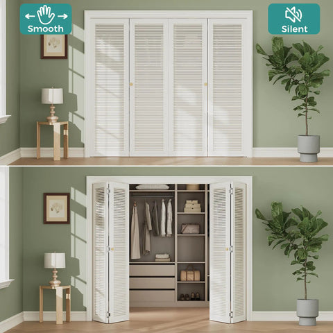 Complete 48 Inch Bifold Door Hardware Kit With Heavy Gauge Track And Quality Pivot Rollers For No Sweat Closet Fix and smooth bi folding slide every time, displaying open and closed doors in a modern room.