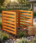 Solid Cedar 3 Panel Privacy Fence Screen For Air Conditioner 36x36 Inches with 4 metal stakes, installed in a garden area.