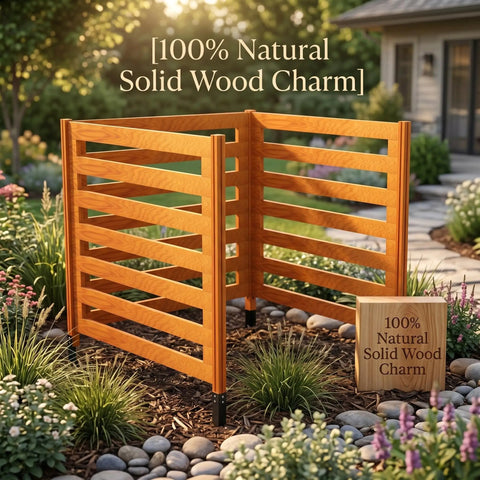 Solid Cedar 3 Panel Privacy Fence Screen For Air Conditioner 36x36 Inches with 4 metal stakes, installed in a garden area.