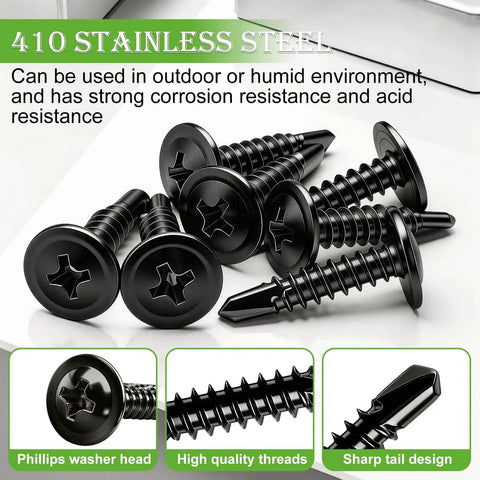 410 Stainless Steel Self Tapping Screws For Metal Kit 230 Pieces With 115 Screws And 115 Washers In Five Sizes, black screws.