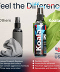 Koala eyeglass lens cleaner spray kit front view: 1 spray bottle + 1 microfiber cloth, alcohol-free, Made in USA