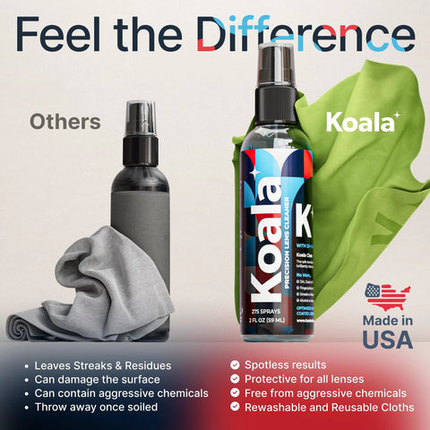 Koala eyeglass lens cleaner spray kit, 6-piece set: two 8oz bottles, one 2oz bottle, and three microfiber cloths.