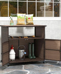 Sturdy Outdoor Storage Cabinet On Wheels With Solid Acacia Wood Frame And PE Rattan Finish, open doors showing gardening tools.