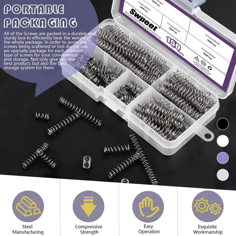 150 pcs five sizes compression springs assortment kit in open plastic box with dividers, ideal for quick fixes and home projects.