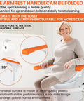 Heavy Duty Toilet Safety Rails For Elderly Free Standing Frame With Adjustable Height And Width Universal Toilet Safety Frame With Arms Supports Up To 520 Lbs Handicap Bathroom Safety Aid For Home Use showing woman seated on toilet with foldable orange armrests