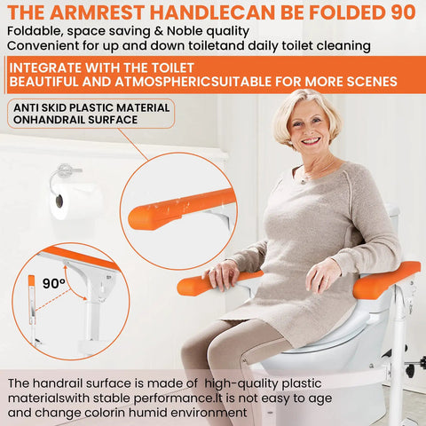 Heavy Duty Toilet Safety Rails For Elderly Free Standing Frame With Adjustable Height And Width Universal Toilet Safety Frame With Arms Supports Up To 520 Lbs Handicap Bathroom Safety Aid For Home Use showing woman seated on toilet with foldable orange armrests