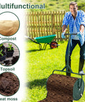 Man using 24 Inch Compost Spreader For Peat Moss And Manure Lightweight Metal Mesh Roller With Adjustable T Shaped Handle Easy Roll Lawn Garden Topsoil Spreading Tool For Mulch And Soil Green.