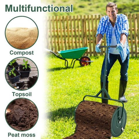 Man using 24 Inch Compost Spreader For Peat Moss And Manure Lightweight Metal Mesh Roller With Adjustable T Shaped Handle Easy Roll Lawn Garden Topsoil Spreading Tool For Mulch And Soil Green.