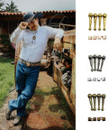 Man wearing bolo tie next to equipment with Bolo Tie Making Kit With 24 Cord End Findings And 12 Slide Clasps in three colors shown.