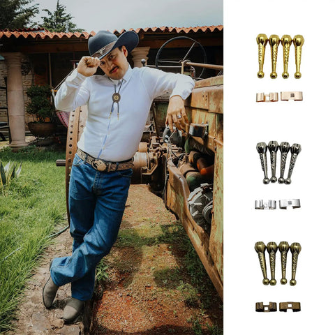 Man wearing bolo tie next to equipment with Bolo Tie Making Kit With 24 Cord End Findings And 12 Slide Clasps in three colors shown.