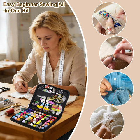All-In-One Sewing Kit With 238-Piece Accessories For Newbies And Pros shown with colorful threads and tools on table