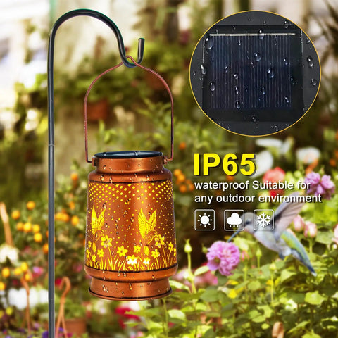 Outdoor Solar Lantern With Hummingbird Pattern, Waterproof Metal Garden Light for yard patio porch or backyard decor.