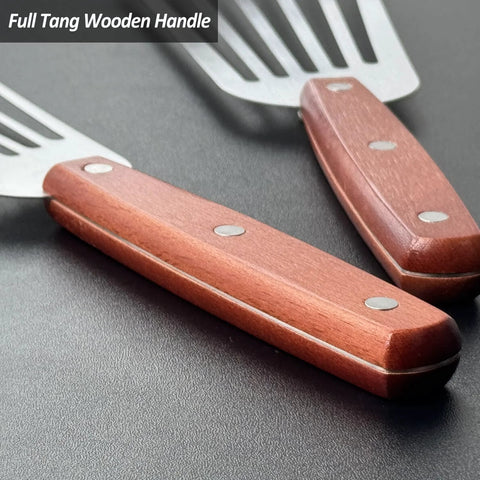 Two stainless steel slotted fish spatulas with wooden full-tang handles; sizes 3x6 and 4x8.
