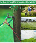 Built Tough Heavy Duty Brass Garden Hose Splitter Two Way Y Valve with stainless steel long handle in garden use.